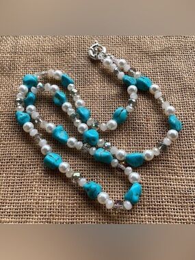 Turquoise necklace glass, pearl beads, and crystals spacers New Western Country